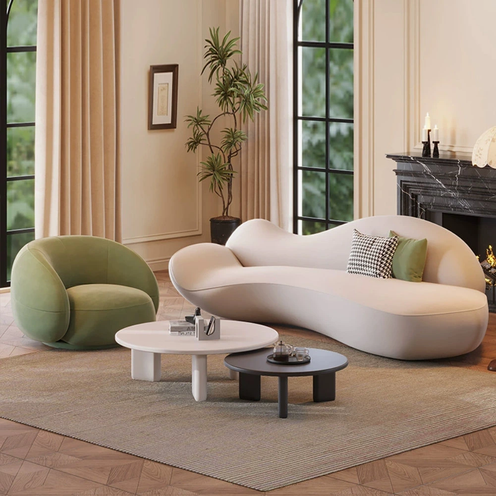Cream Boucle Ribbon Curved Sectional Sofa Tube Tufted Back