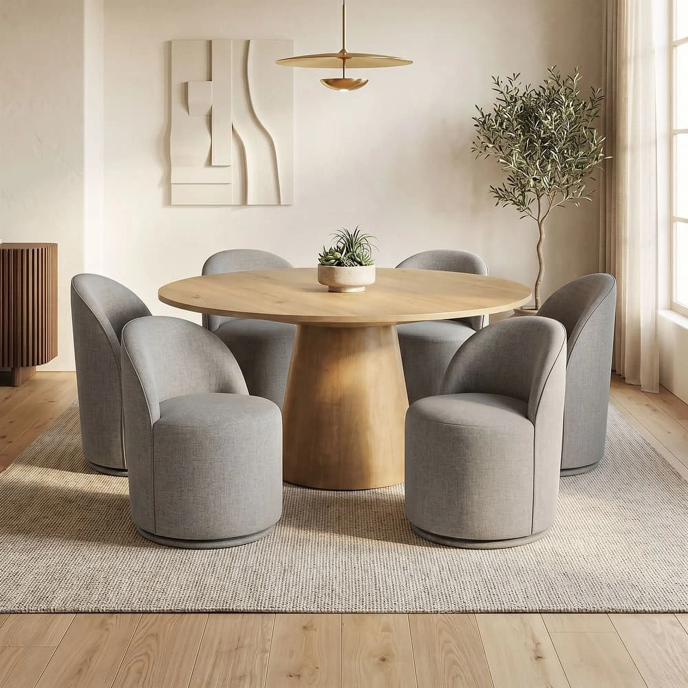 Oak Round Fully-Upholstered Barrel Dining Set
