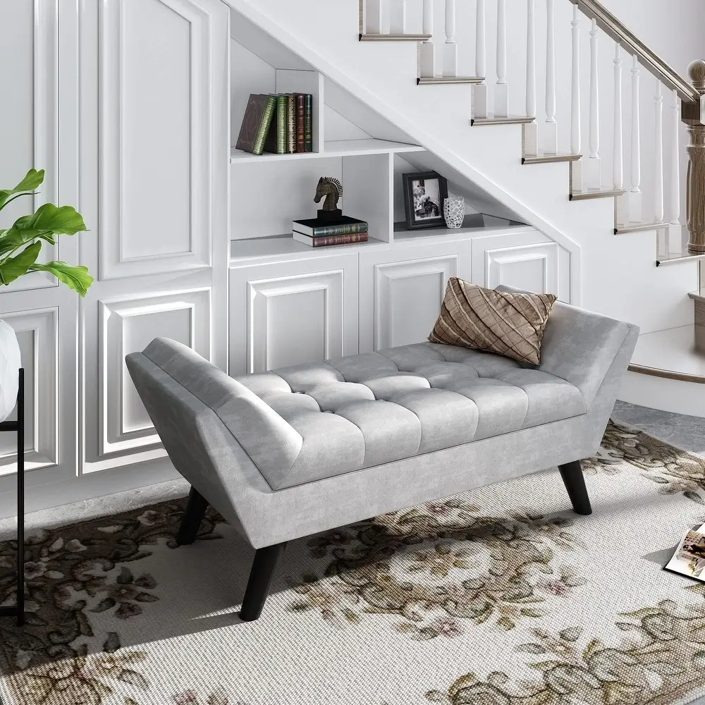 Gray Velvet Flared-Arm Bed Bench