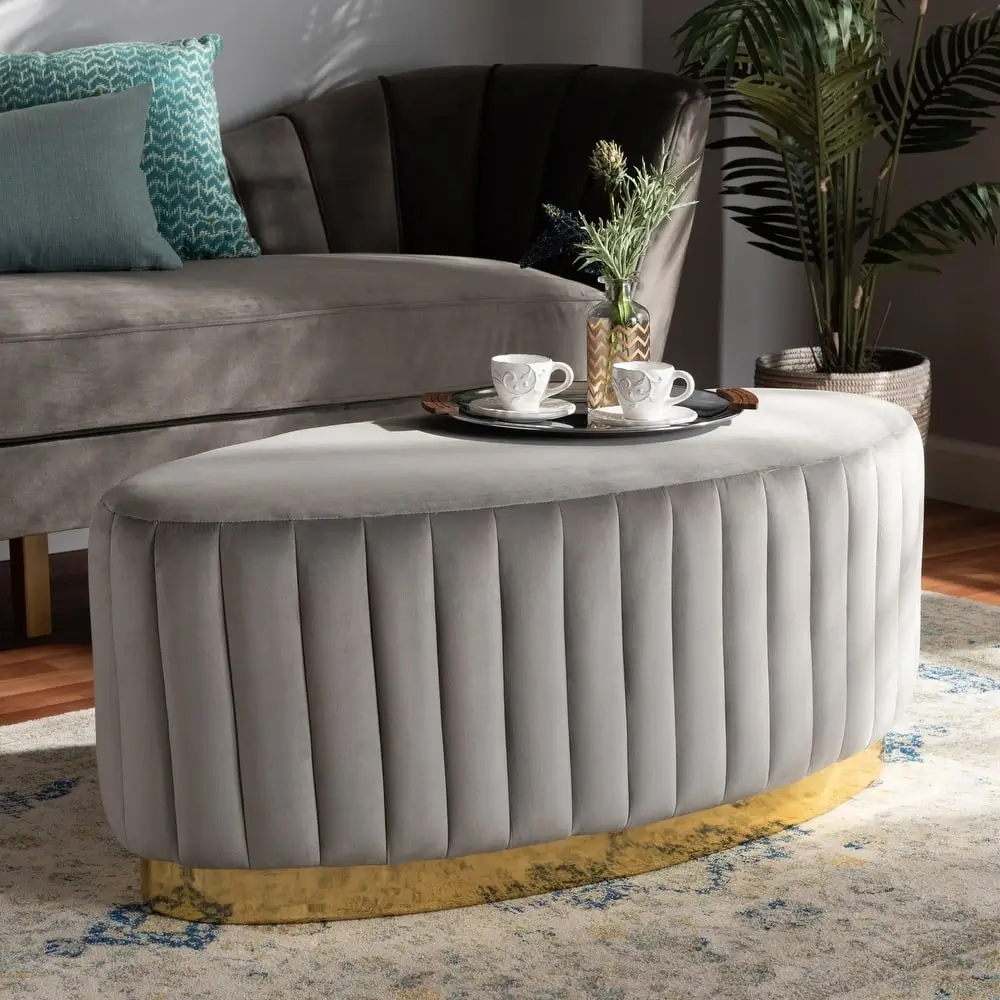 Gray Velvet Oval Ottoman with Gold Plinth