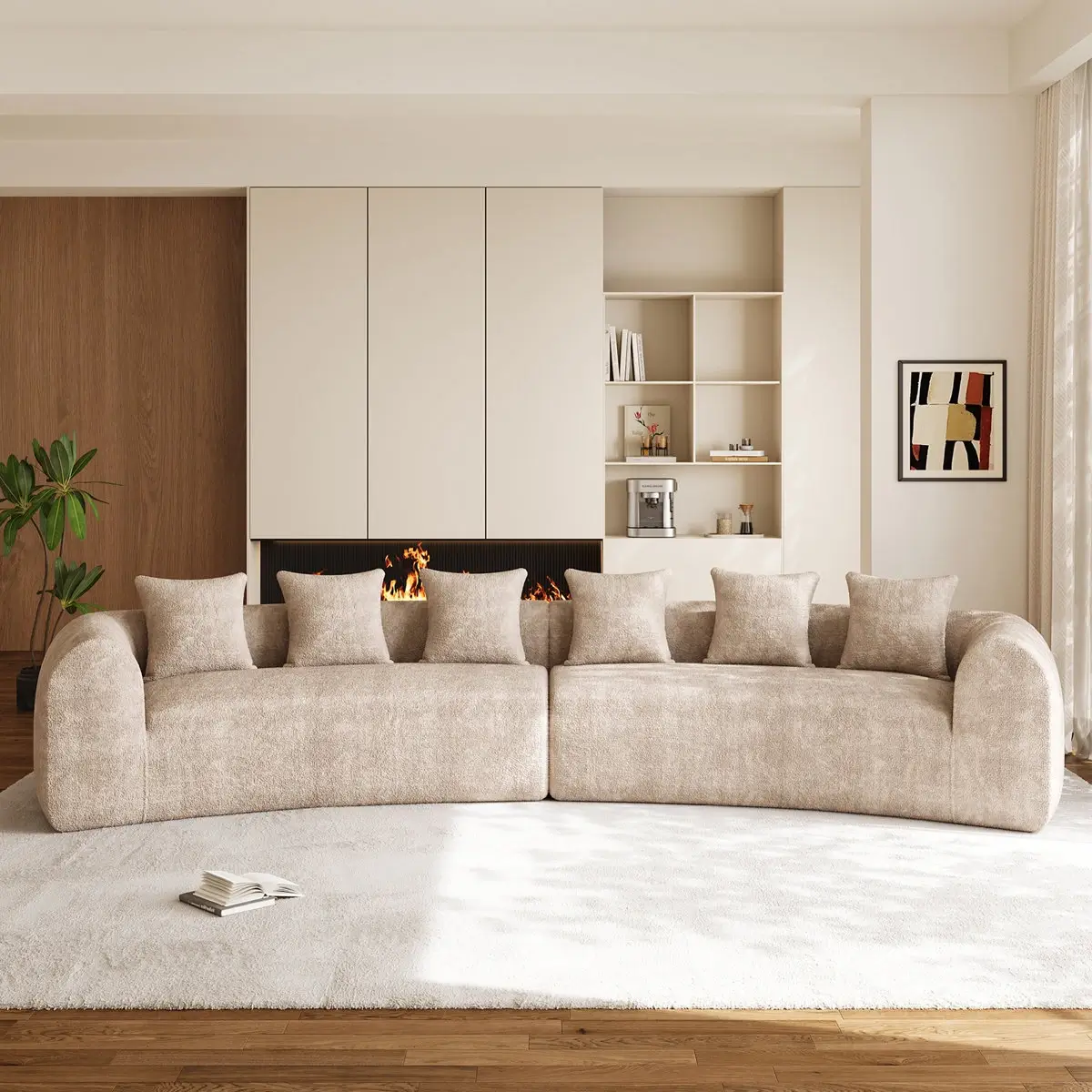 Beige Boucle Curved Modular Sofa