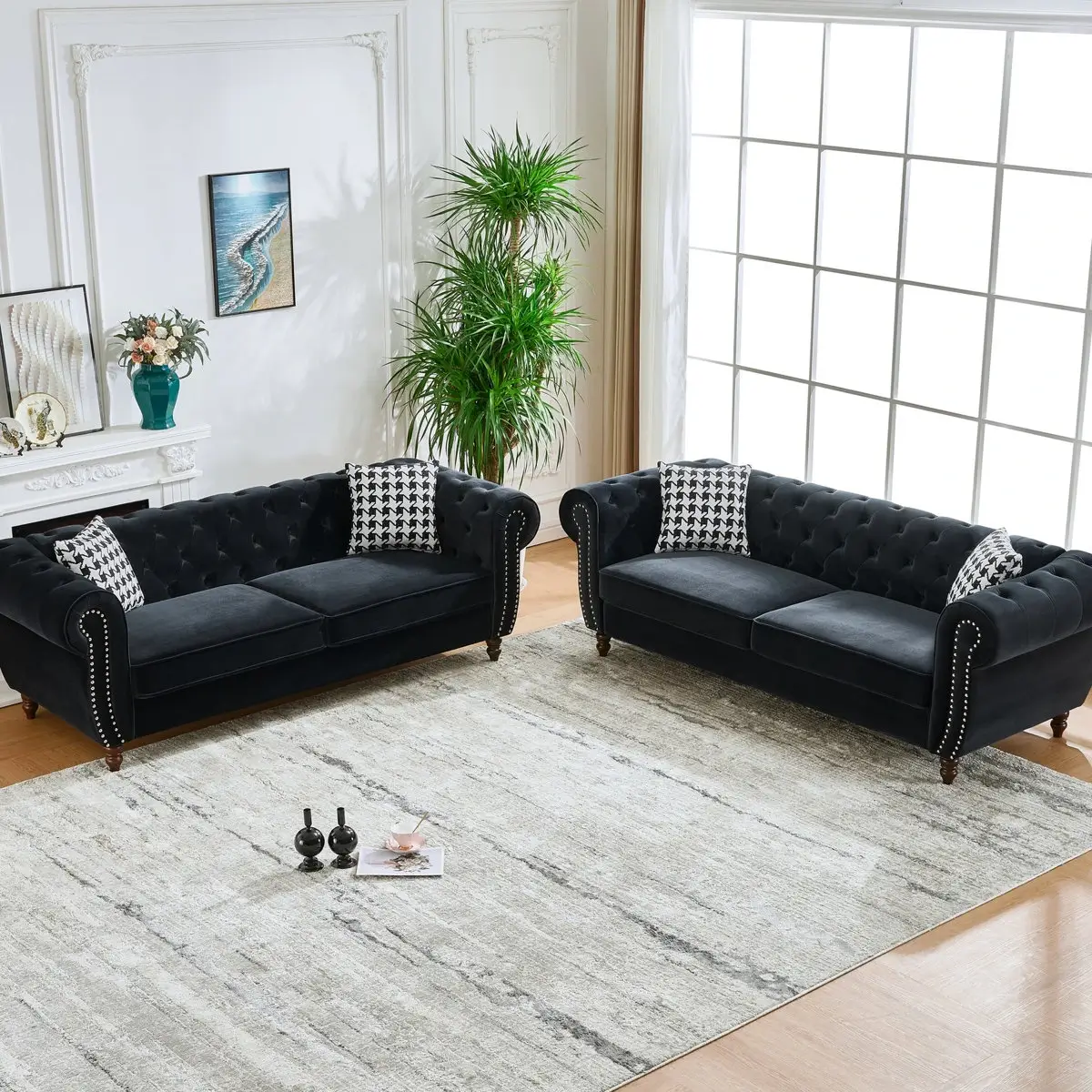 Black Velvet Chesterfield Twin-Sofa Set