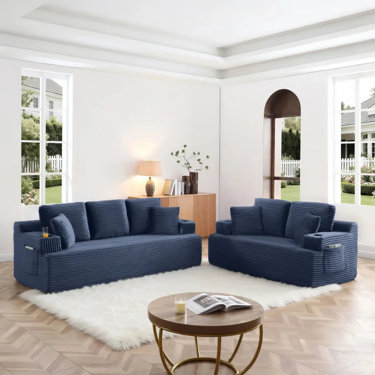Navy Corduroy Sofa Set with Side Pockets and Cup Holders