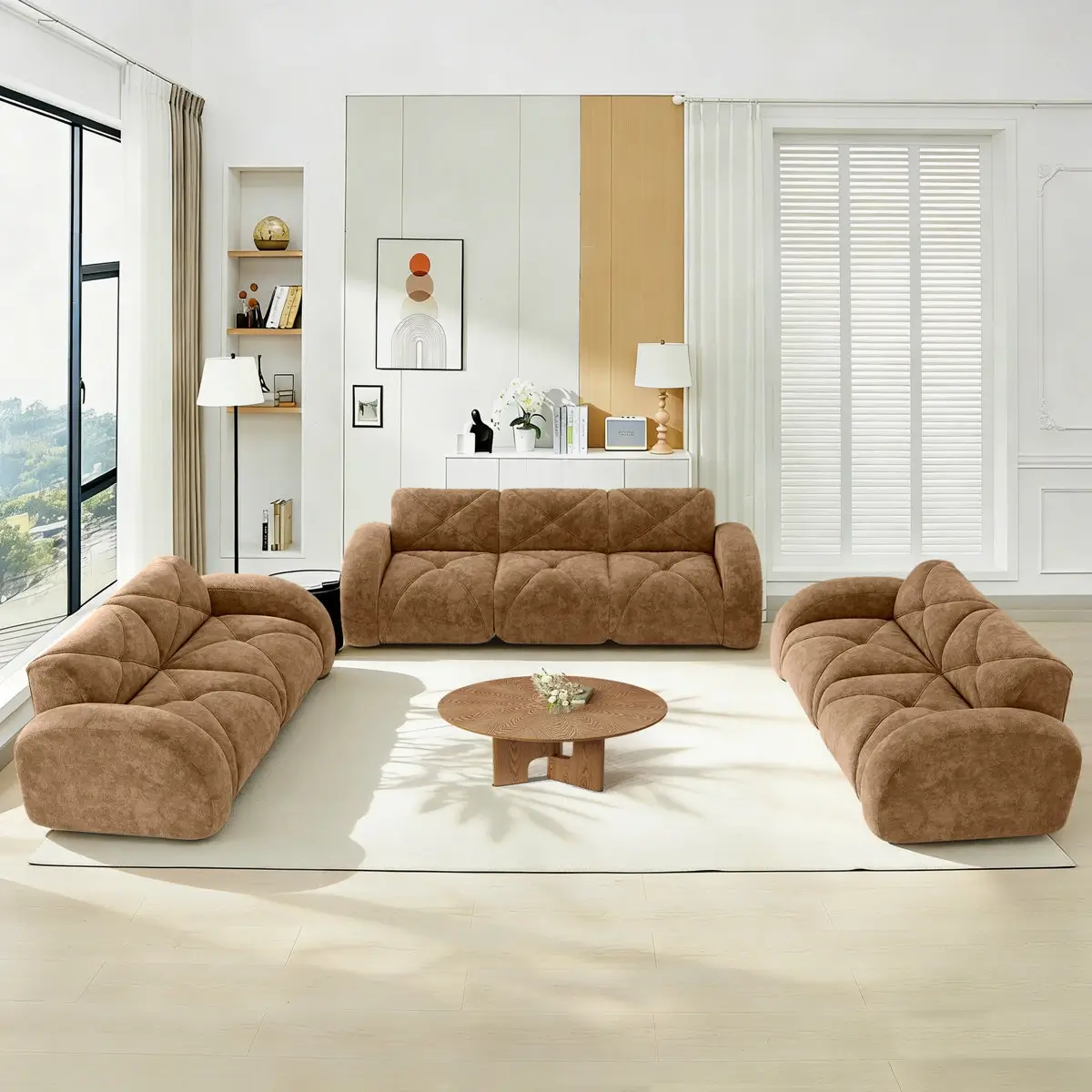 Camel Velvet Cloud Sofa Set