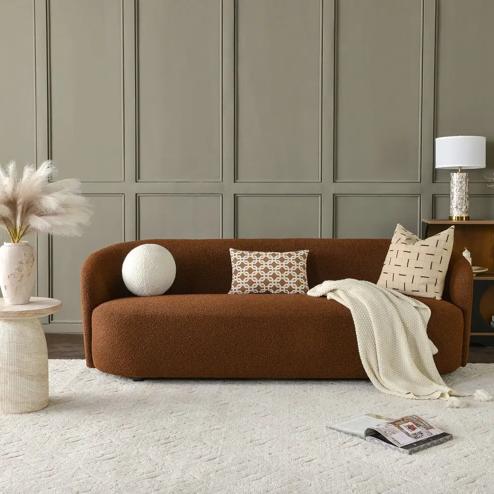 Curved Boucle 3 Seater Sofa with Round Bolster