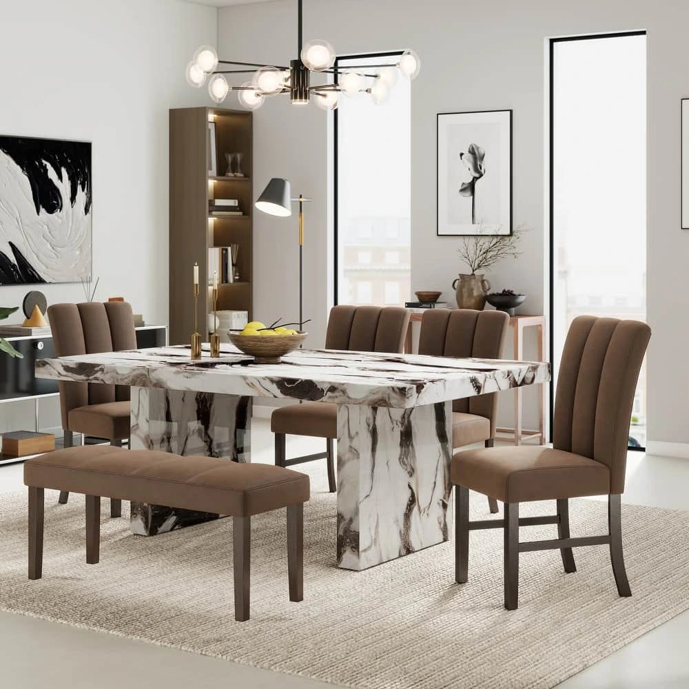 Marble-Look 6-Piece Set with Dining Bench