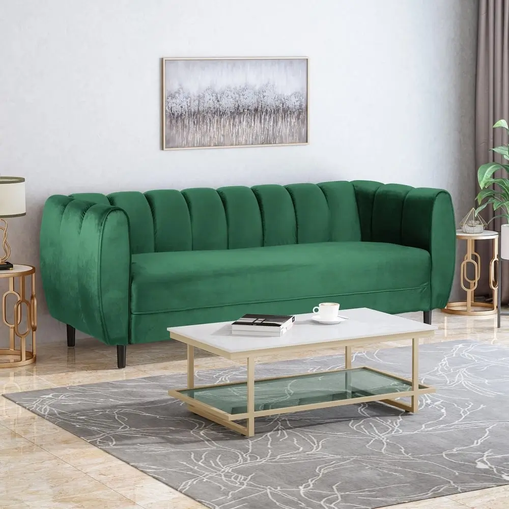 Velvet Channel Back 3 Seater Sofa with Wood Legs