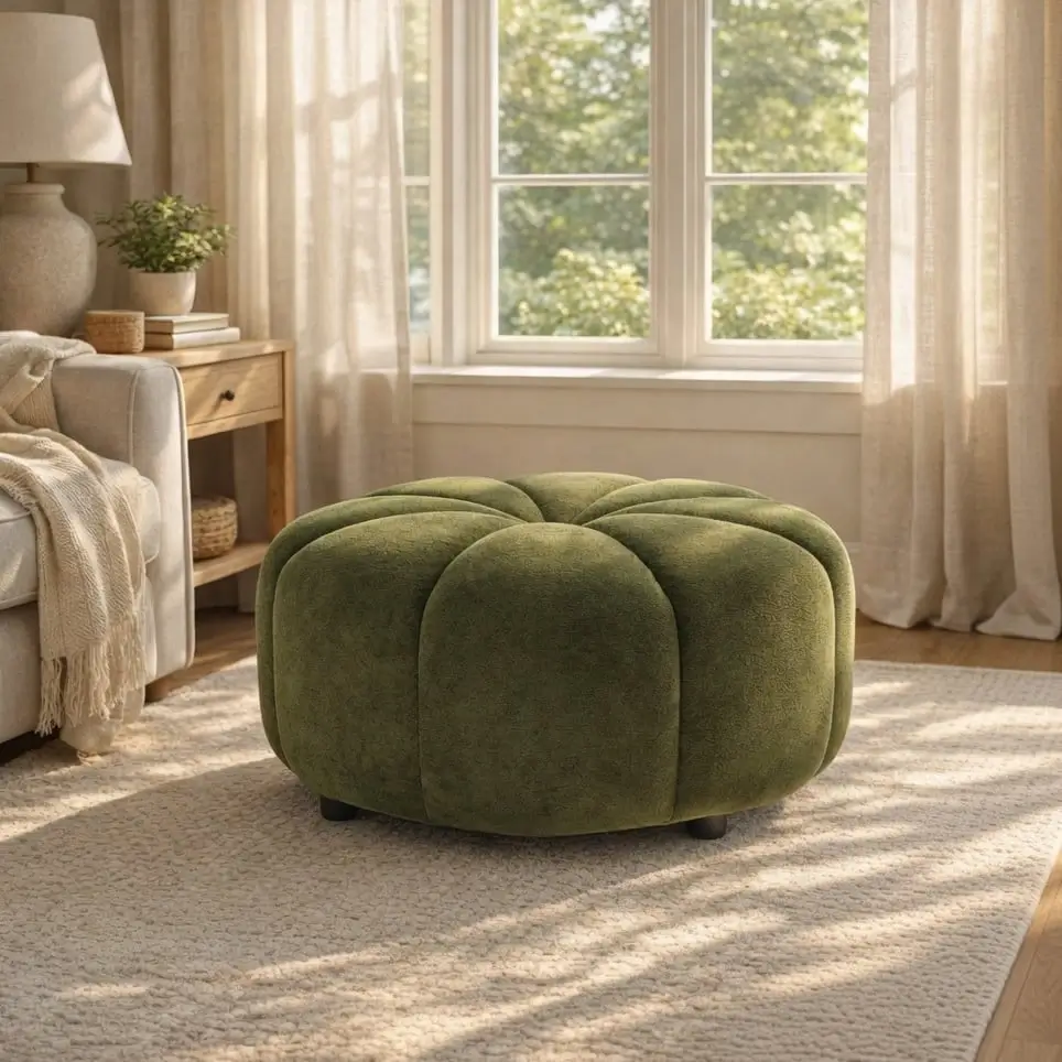 Olive Velvet Pumpkin Ottoman Pouf