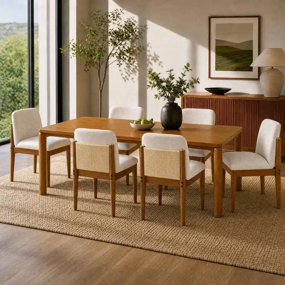 Honey Oak Rattan-Back 7-Piece Dining Set