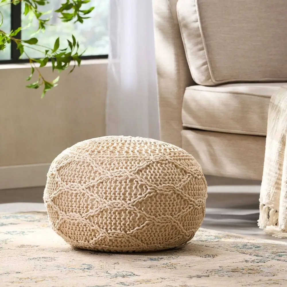Cream Chunky Knit Round Pouf