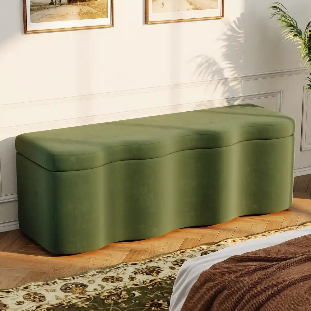 Sage Velvet Wave Storage Bench