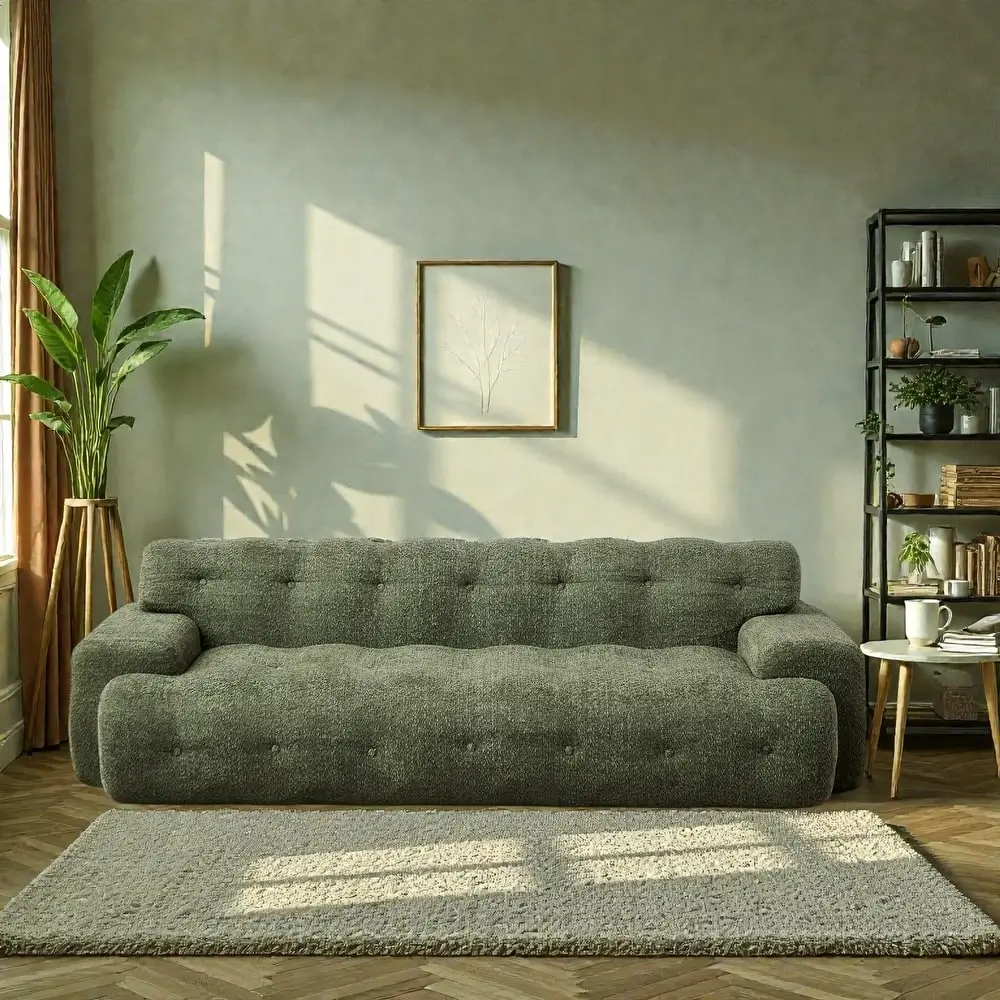 Olive Boucle Low Profile 4 Seater Sofa Button Tufted