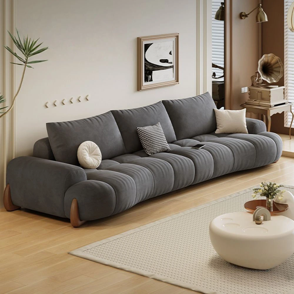 Charcoal Sofa Bubble Tufted Seat Horn Shape Walnut Legs