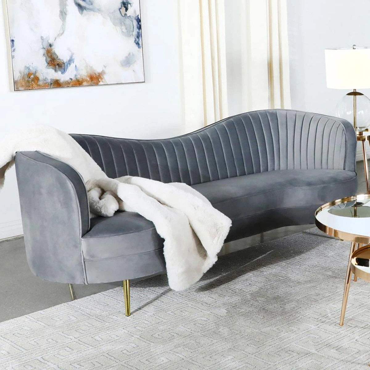 Gray Velvet Wave Back Channel Sofa One Arm Gold Hairpin Legs