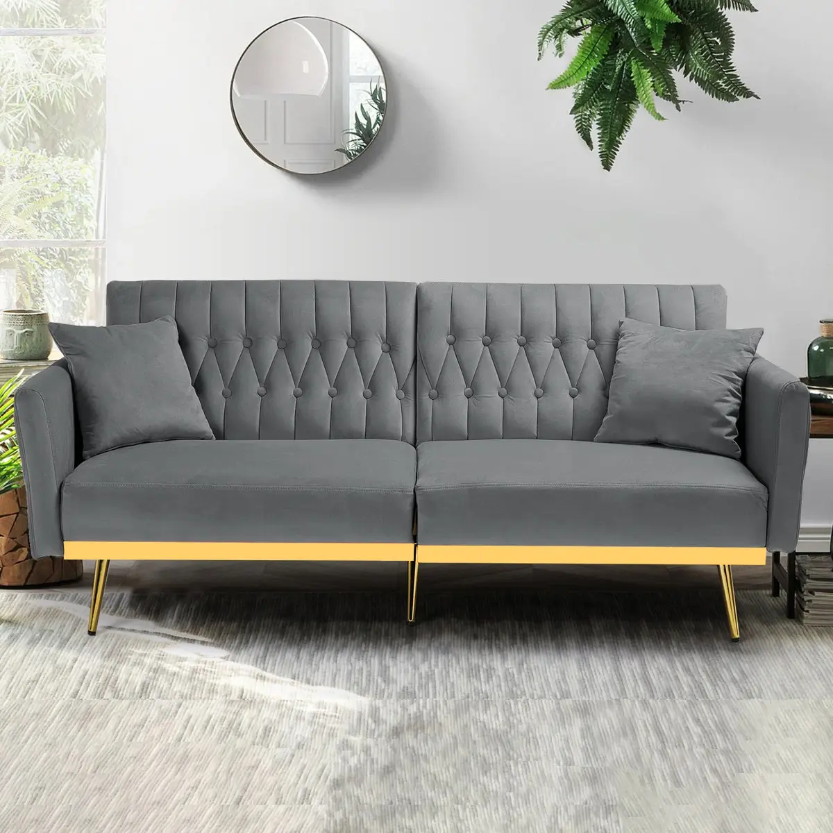 Velvet Futon Sofa Bed Gold Base Rail Legs