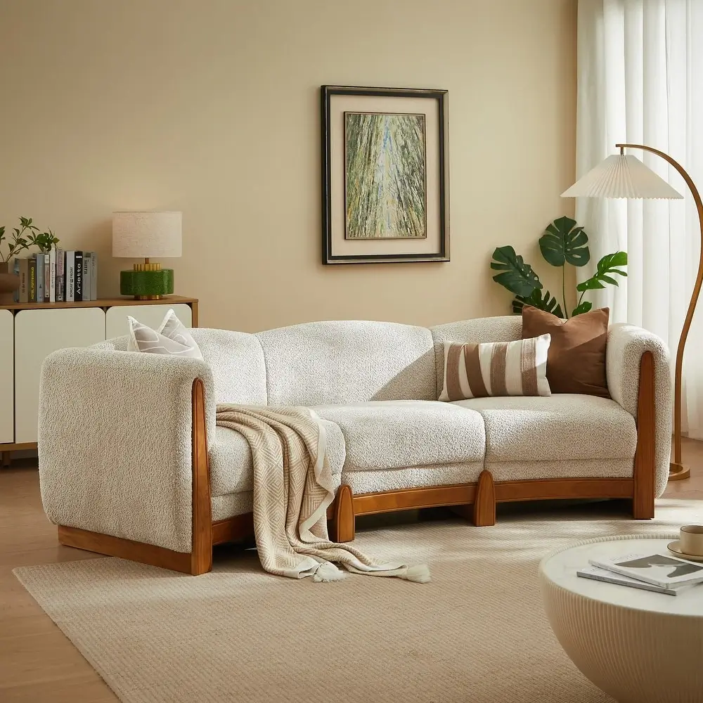 Boucle 3 Seater Sofa with Exposed Wood Frame