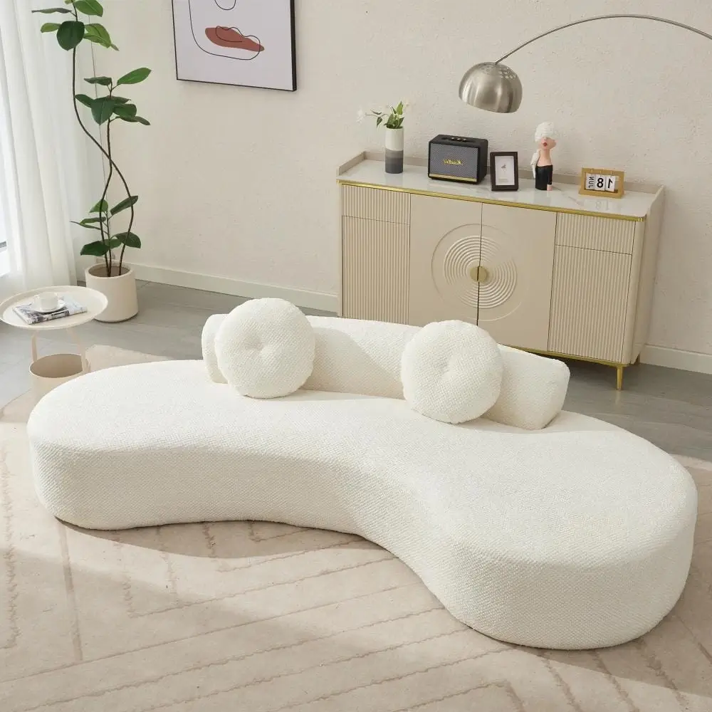 Beige Boucle Cloud 4 Seater Sofa Scalloped Backrest