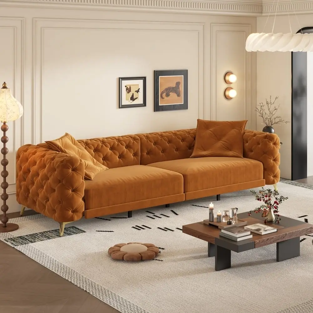 Orange Velvet Button Tufted 4 Seater Sofa Gold Legs