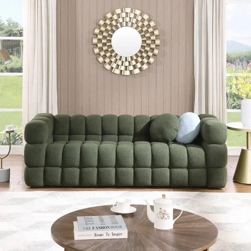 Bubble Tufted 3 Seater Sofa in Olive Boucle