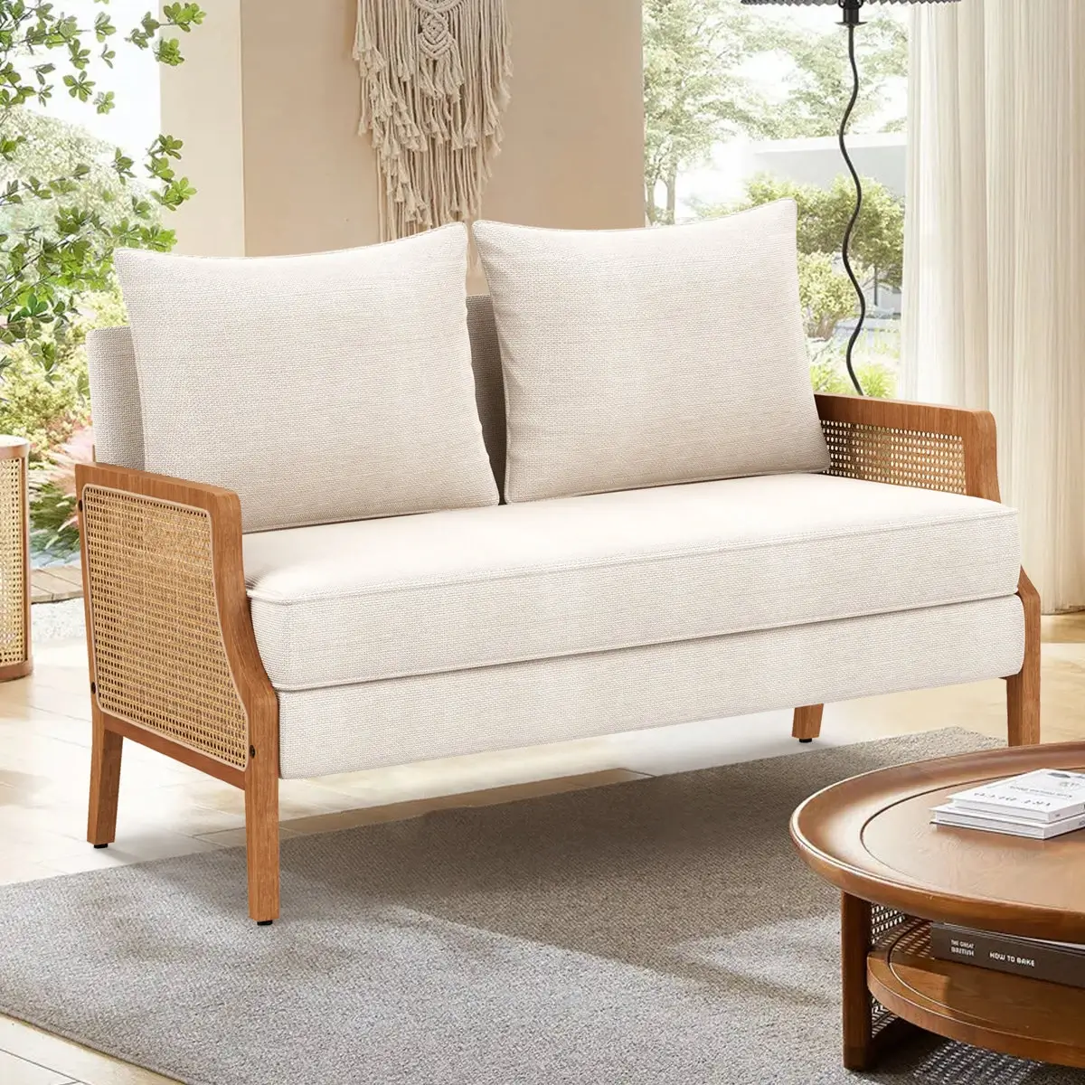 Rattan and Linen Upholstered Loveseat