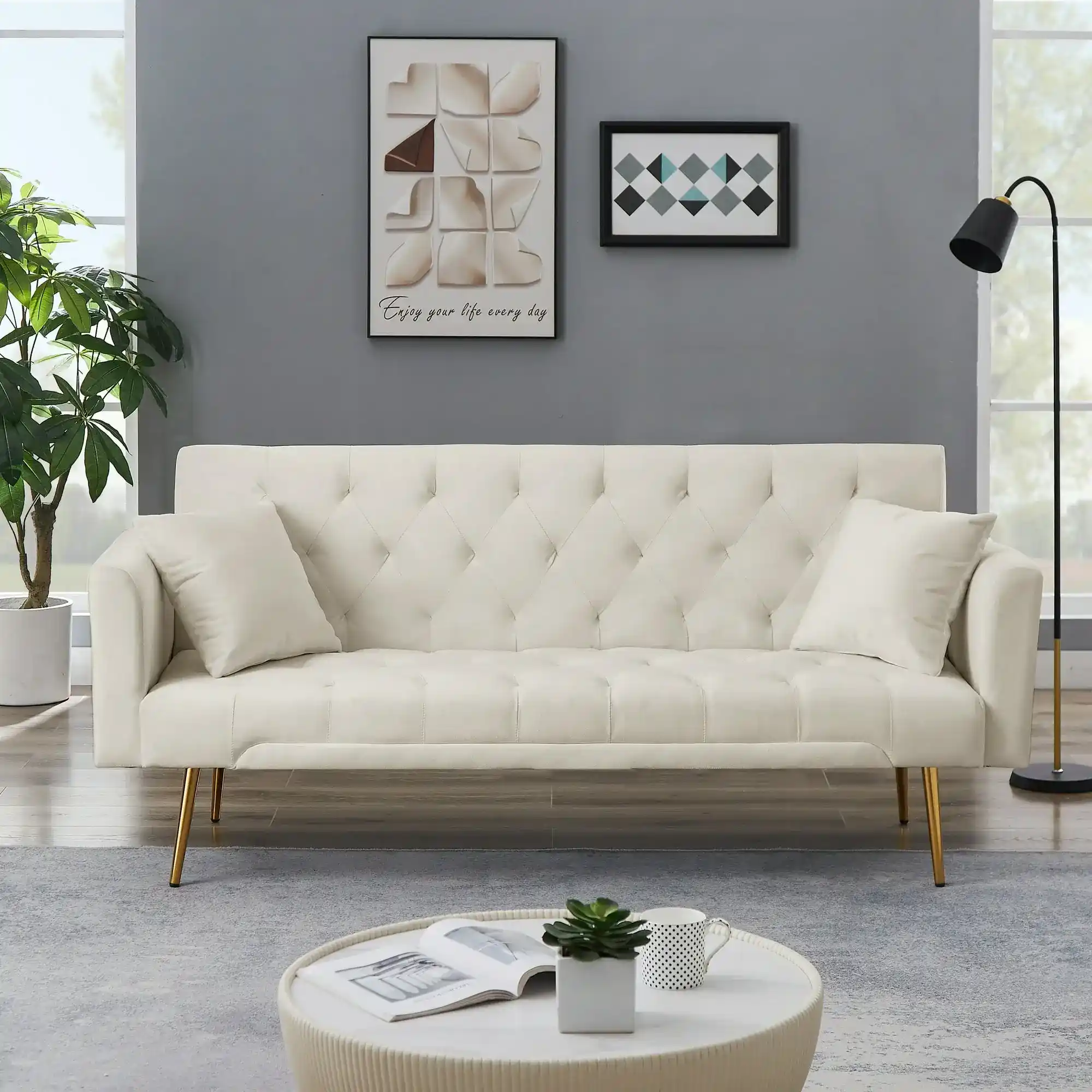 Velvet Tufted Futon Sofa Bed with Gold Legs
