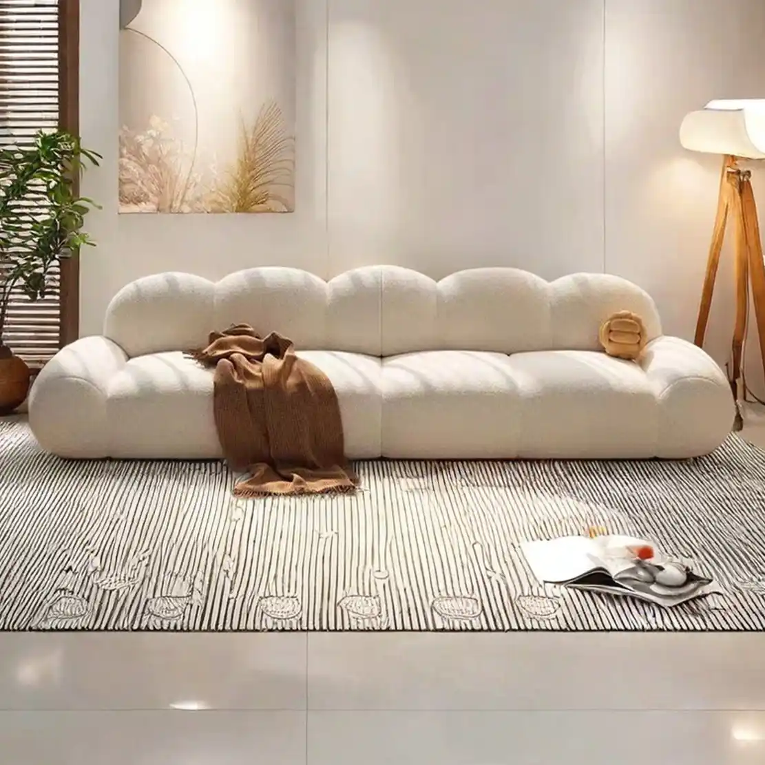 Cream Boucle Scalloped Cloud Peak Back Sofa Low Profile