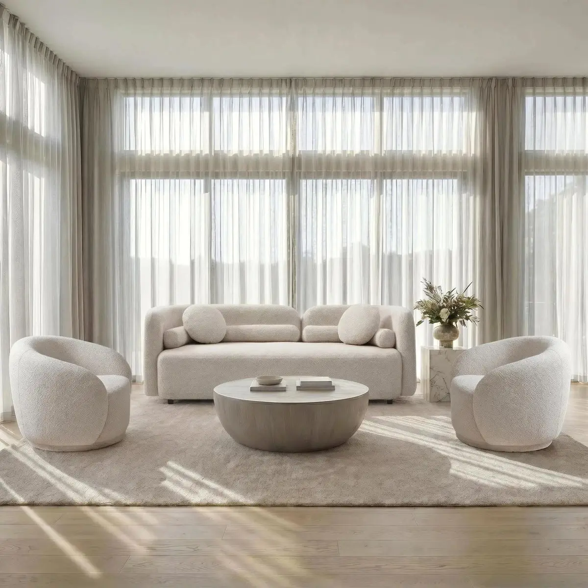 Cream Boucle Sofa Set Arm Bolsters and Barrel Tub Chairs