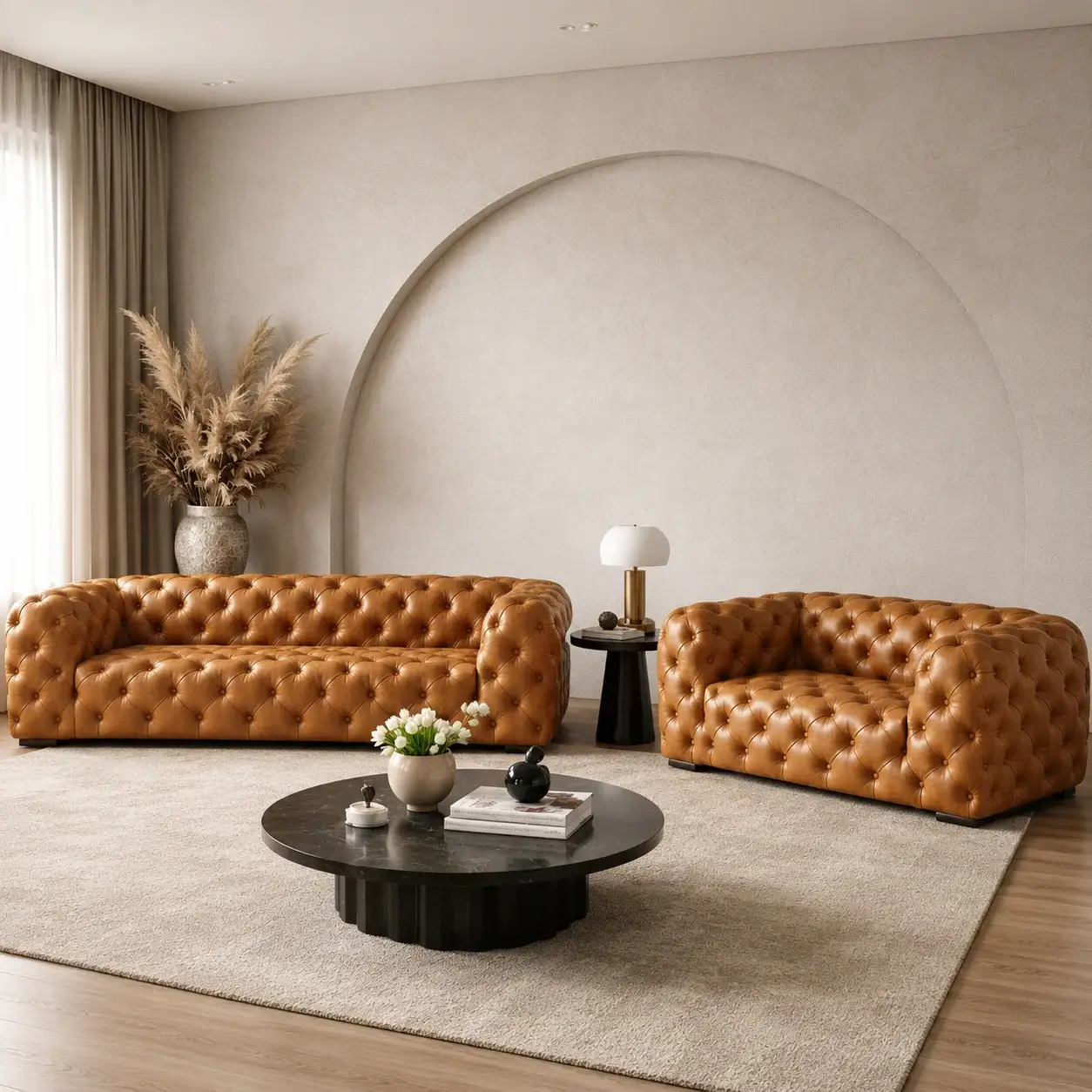 Cognac All-Over Button Tufted Wide Sofa Leather Look