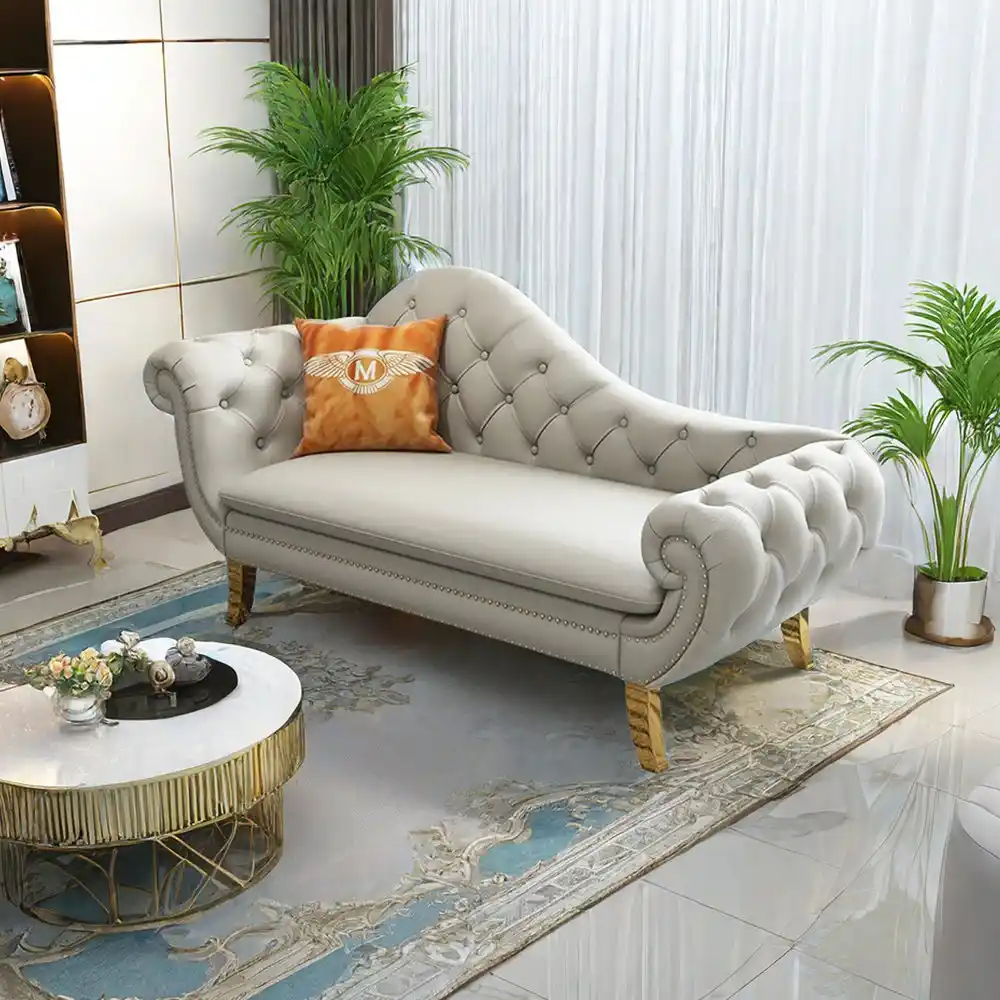 Scrolled Cream Leather-Look Chesterfield Deewan