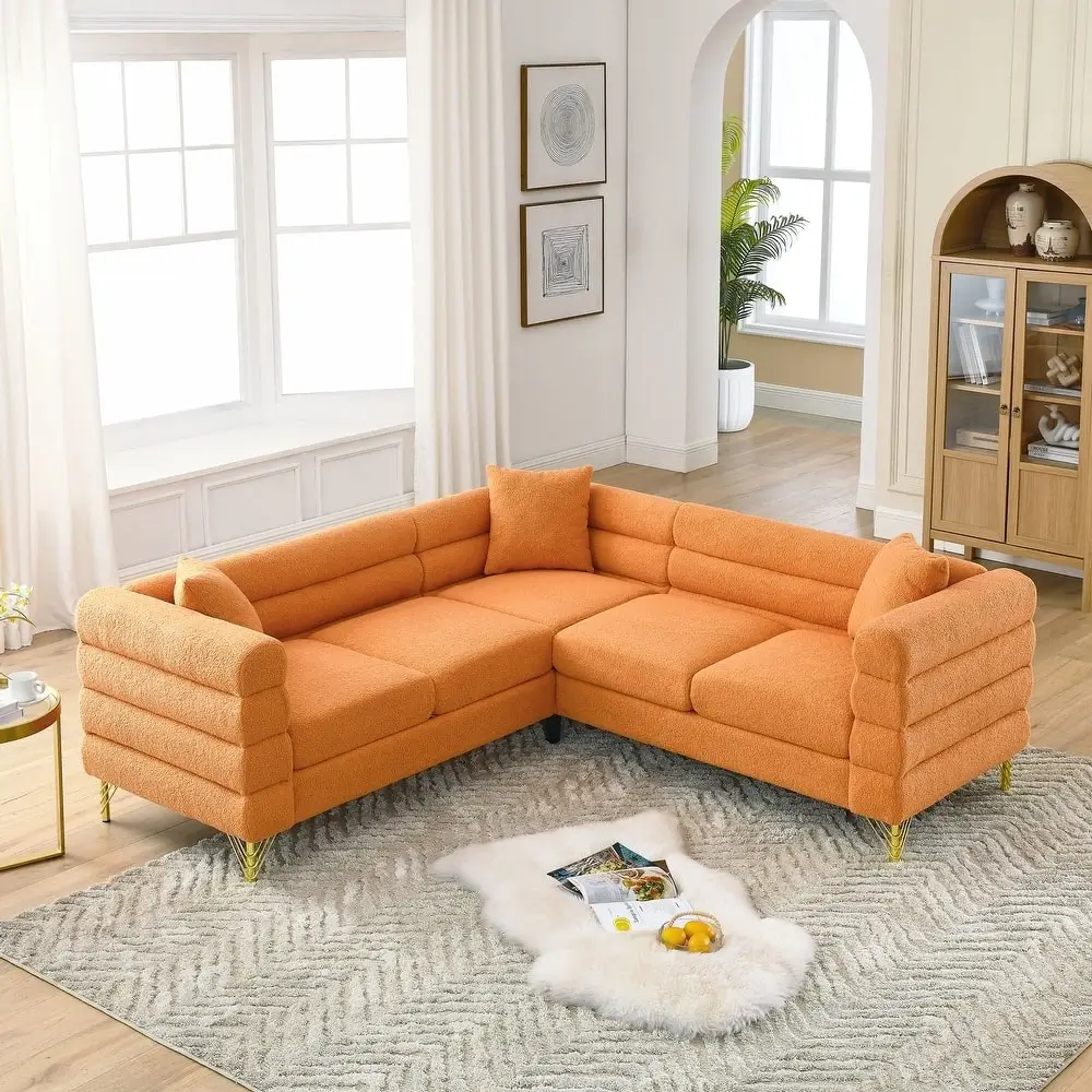 Orange Boucle L-Shape Sectional Sofa Horizontal Channel Ribs