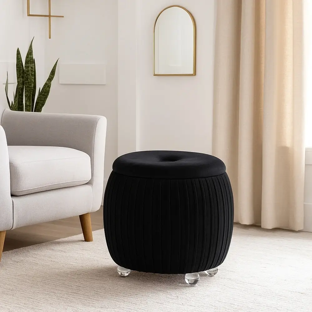 Black Velvet Pleated Storage Ottoman