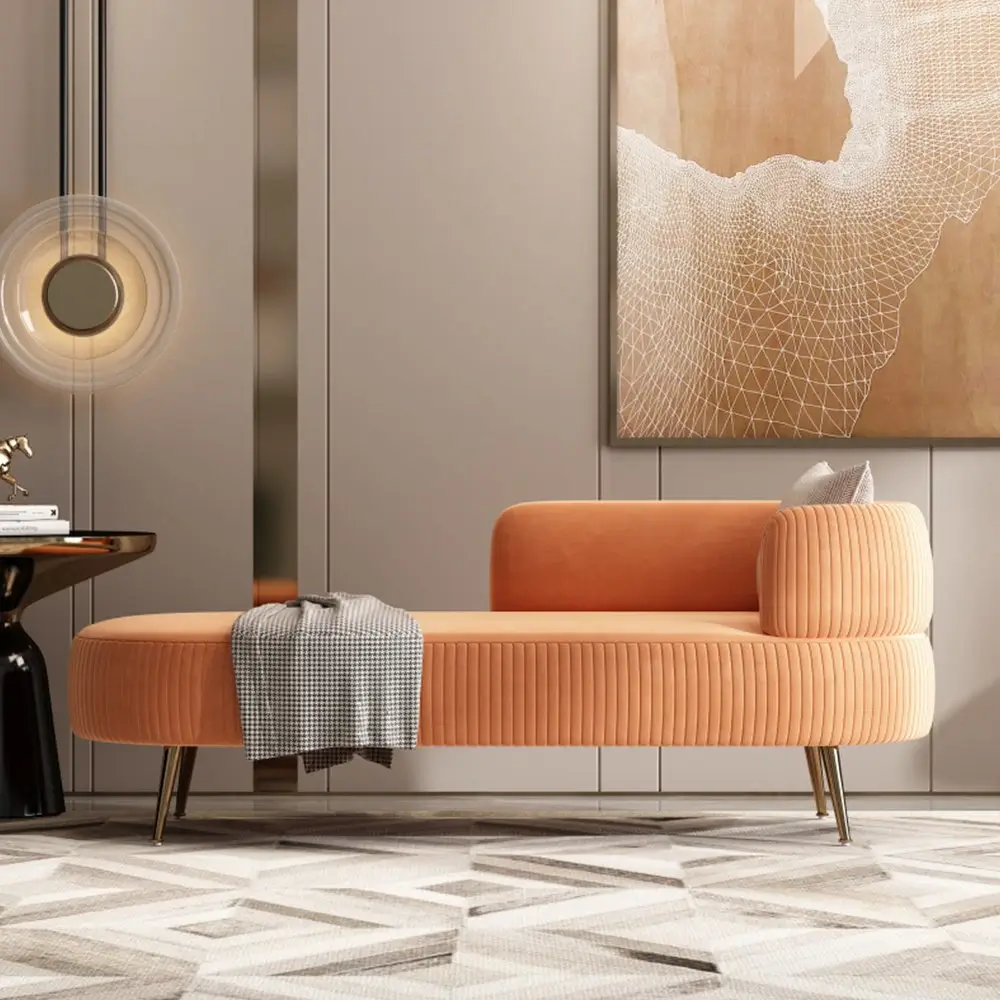 Pleated Coral Velvet Oval Bench Deewan