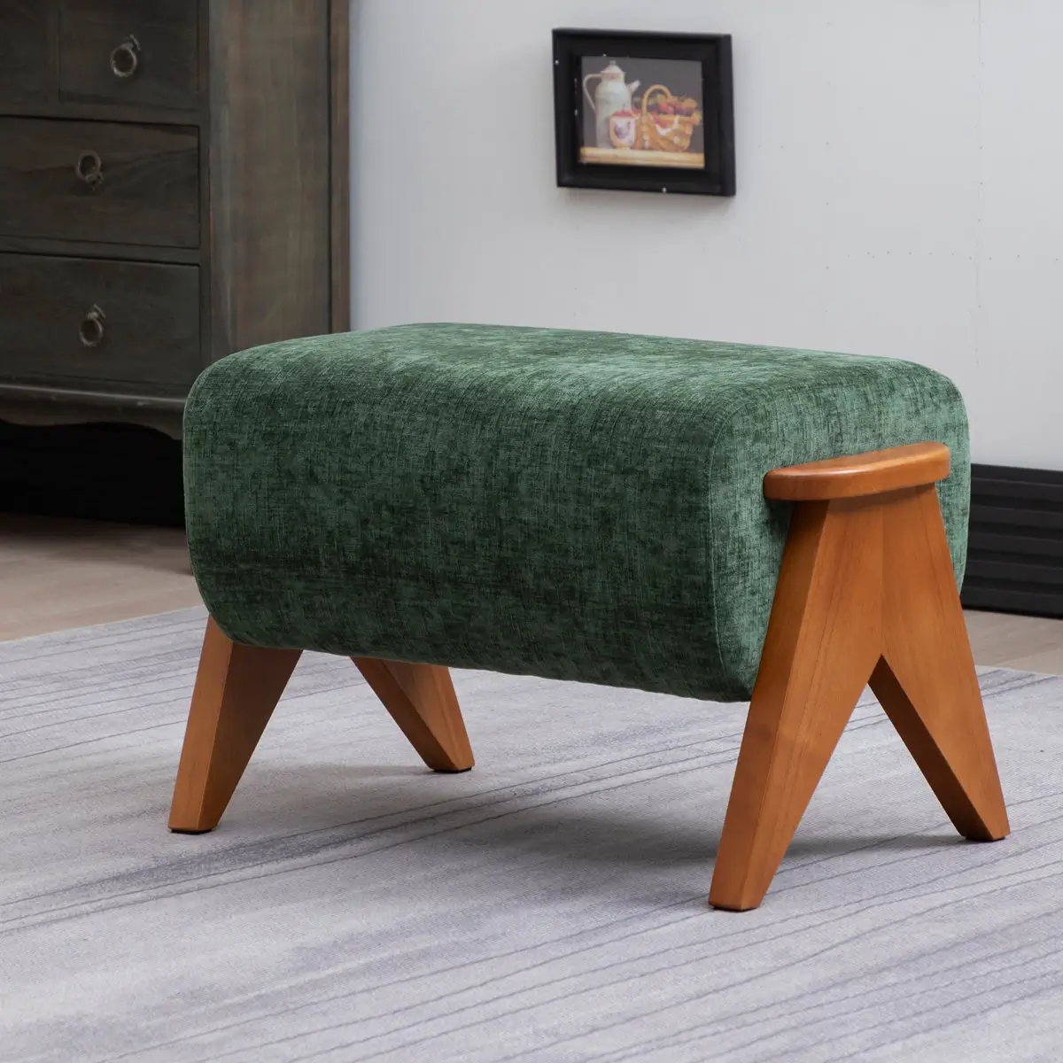 Forest Green Chenille Wood-Frame Footstool