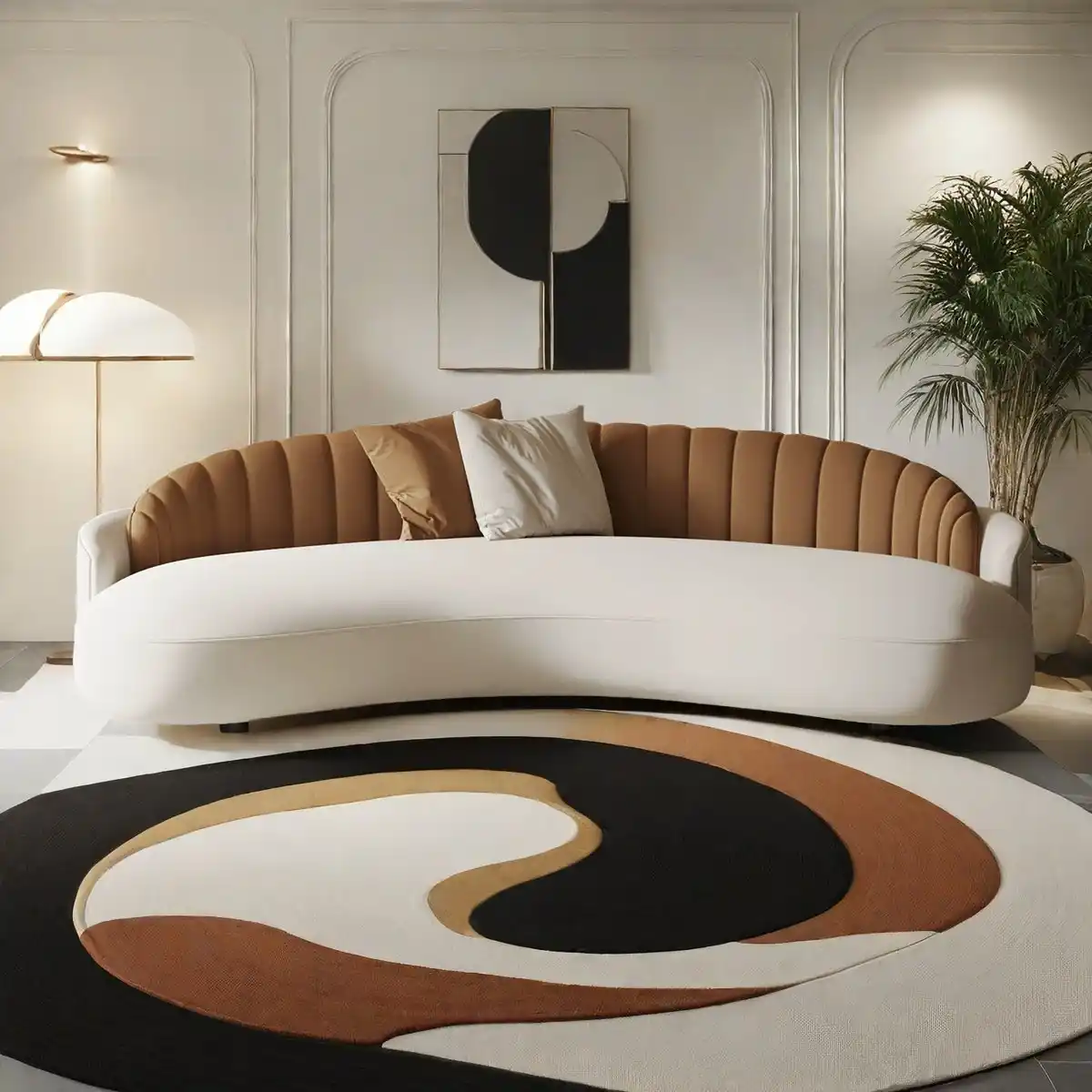Two-Tone Banana Curved Sofa Cream Body Cognac Channel Back