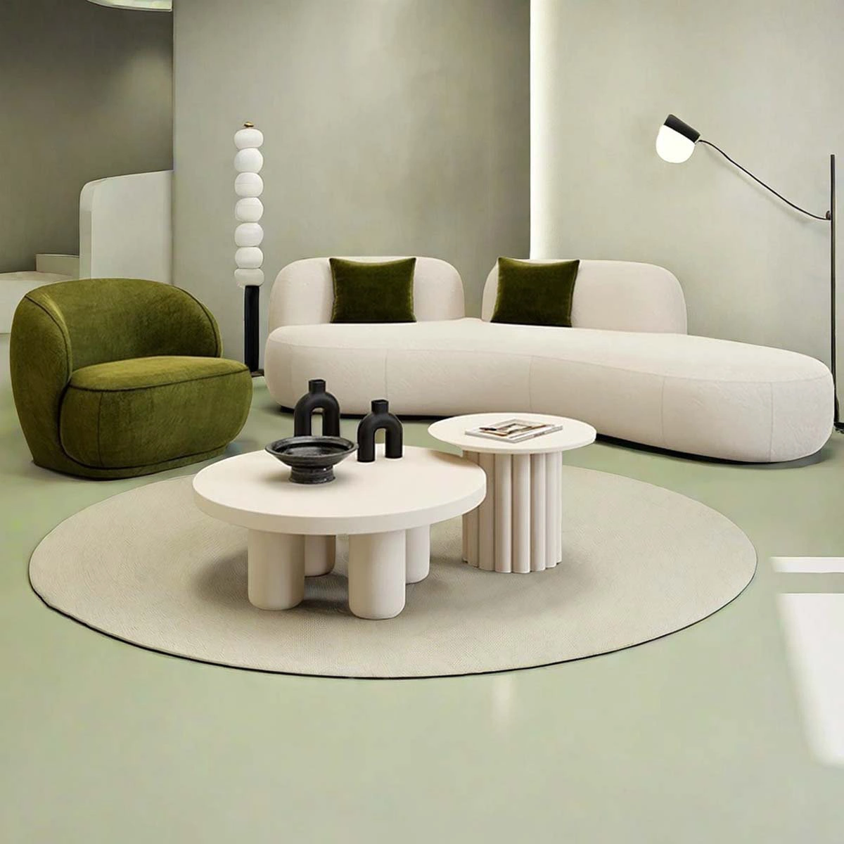 Cream Boucle Curved Sofa with Barrel Chair