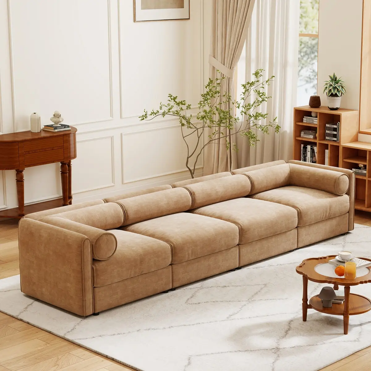 Olive Chenille Ribbed 4 Seater Sectional Sofa Curved End