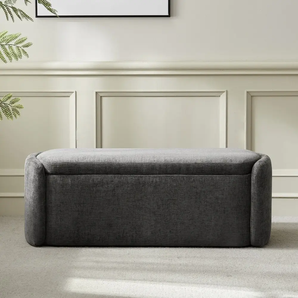 Charcoal Chenille Storage Bench Ottoman