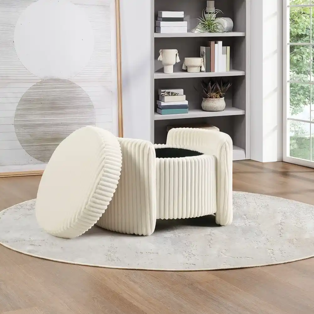 Ivory Corduroy Square Storage Ottoman