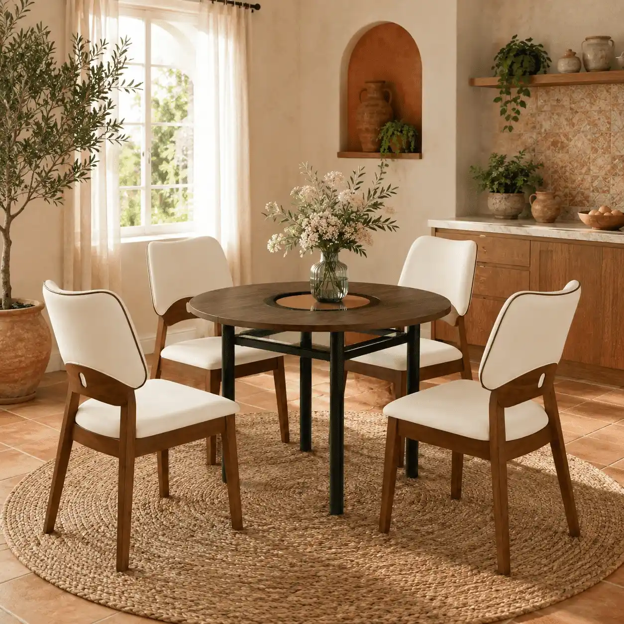 Walnut Round 5-Piece Metal-Leg Dining Set
