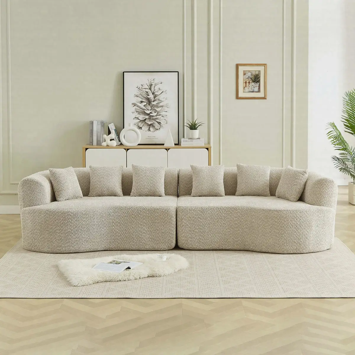 Wide Beige Boucle Sofa with Six Square Scatter Cushions
