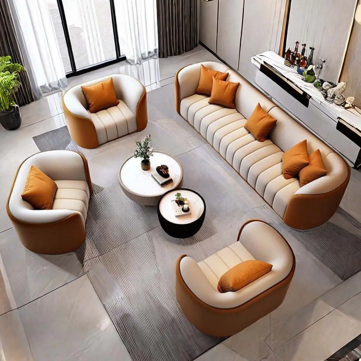 Cream and Tan Leatherite Barrel Sofa Set