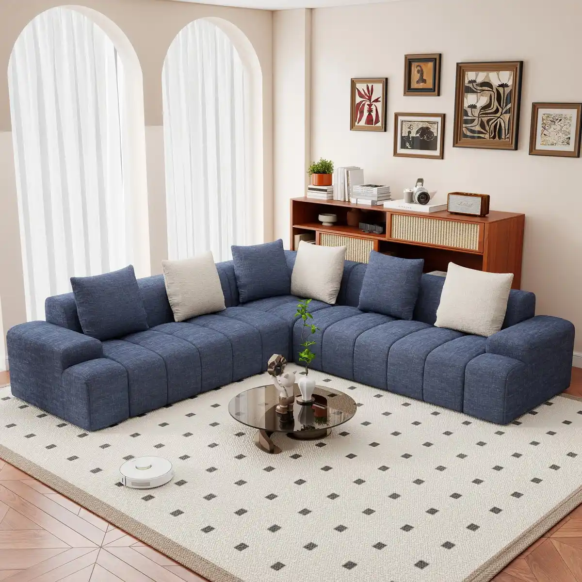 Navy Linen L-Shape Modular Sectional Sofa Channel Tufted