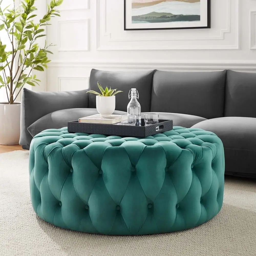 Teal Velvet Button-Tufted Cocktail Ottoman