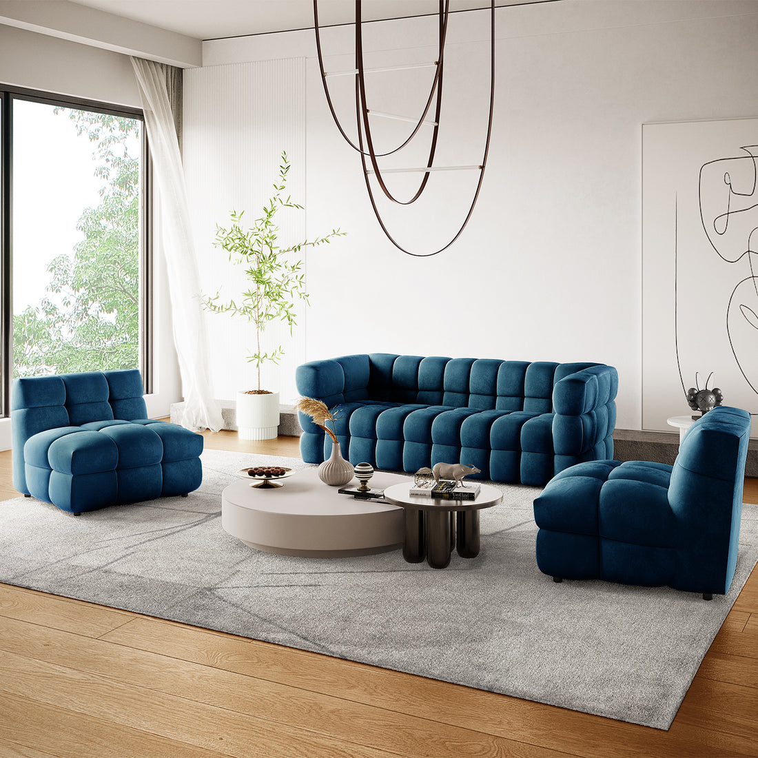 Navy Velvet All-Over Grid Bubble Tufted Sofa Set Accent Chairs