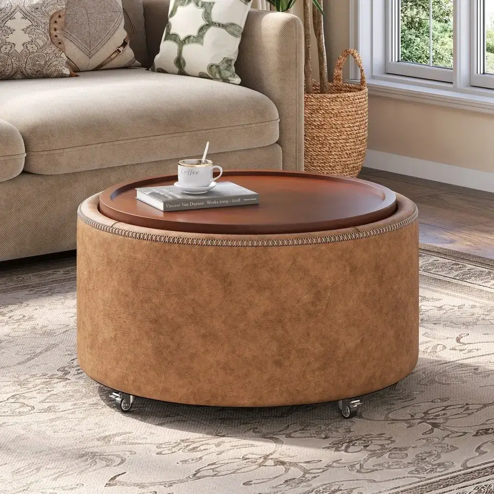 Camel Faux Suede Flip-Top Storage Ottoman