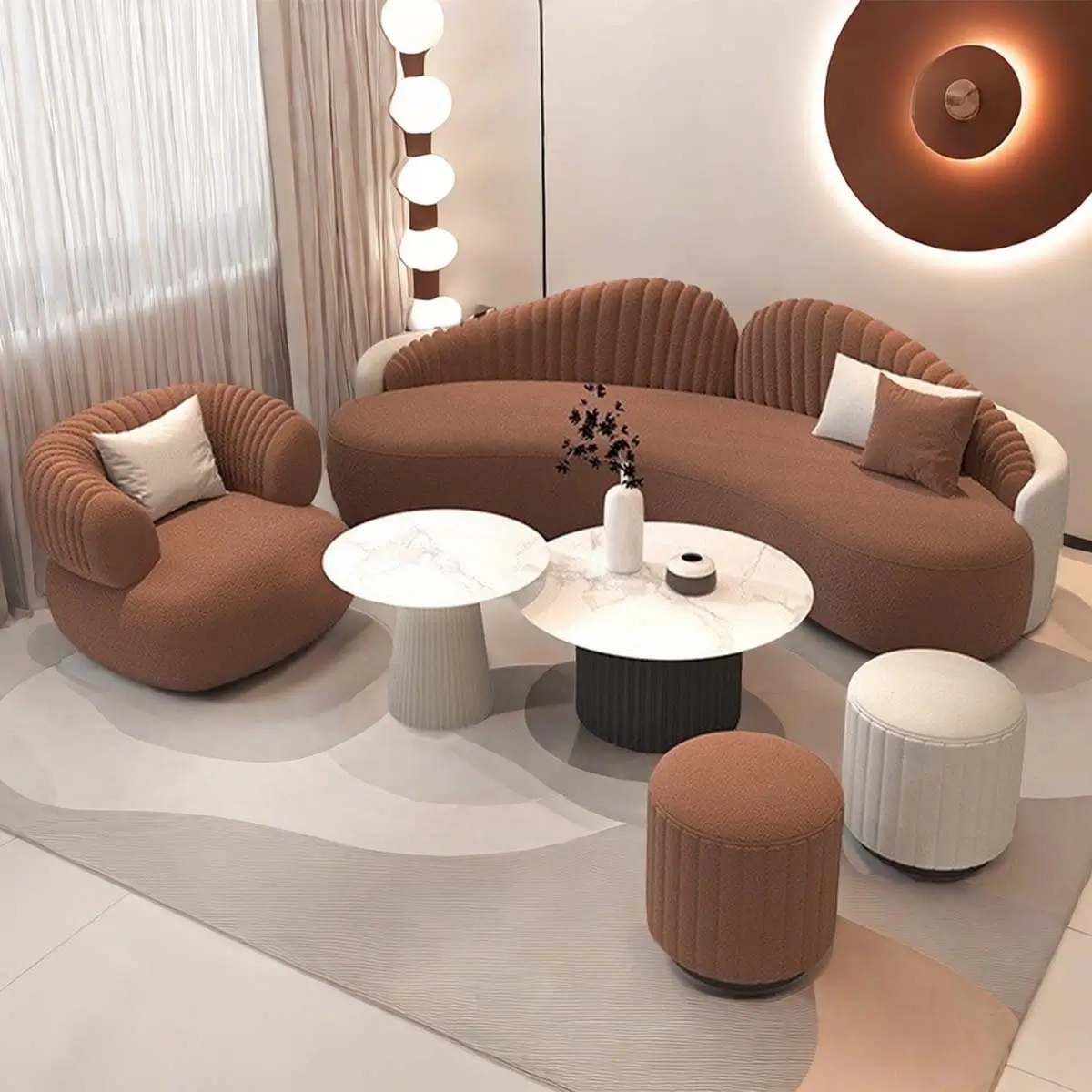 Two-Tone Boucle Curved Sofa Set