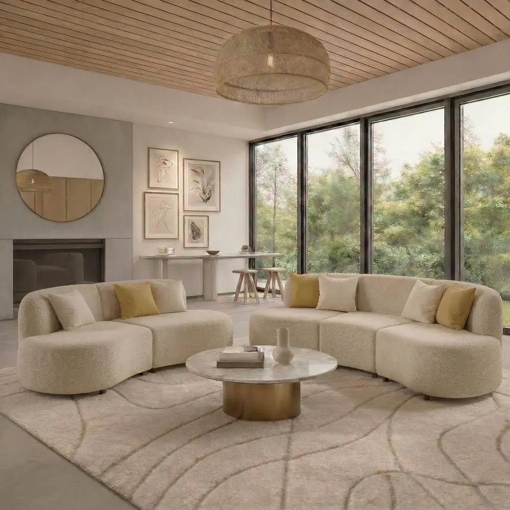 Cream Boucle U-Shape Sectional Sofa Yellow Scatter Cushions
