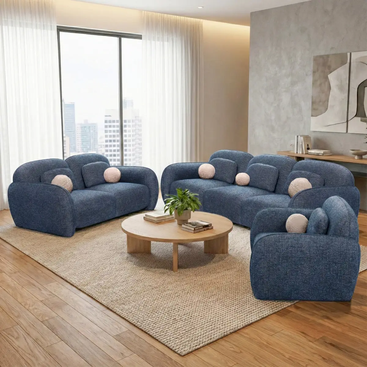 Navy Curved Sofa Set with Armchair