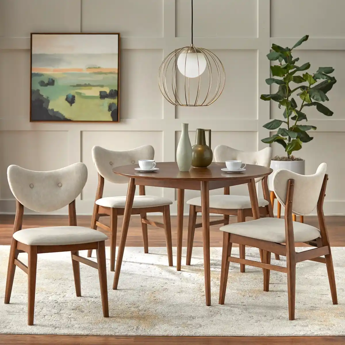 Walnut Round Tufted-Chair Dining Set