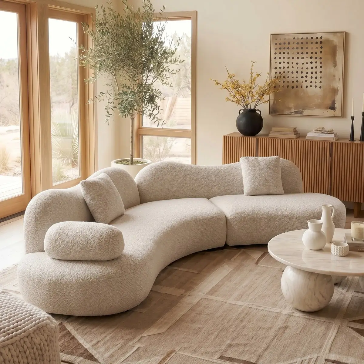 Cream Boucle Organic Asymmetric Sectional Sofa Japandi Style